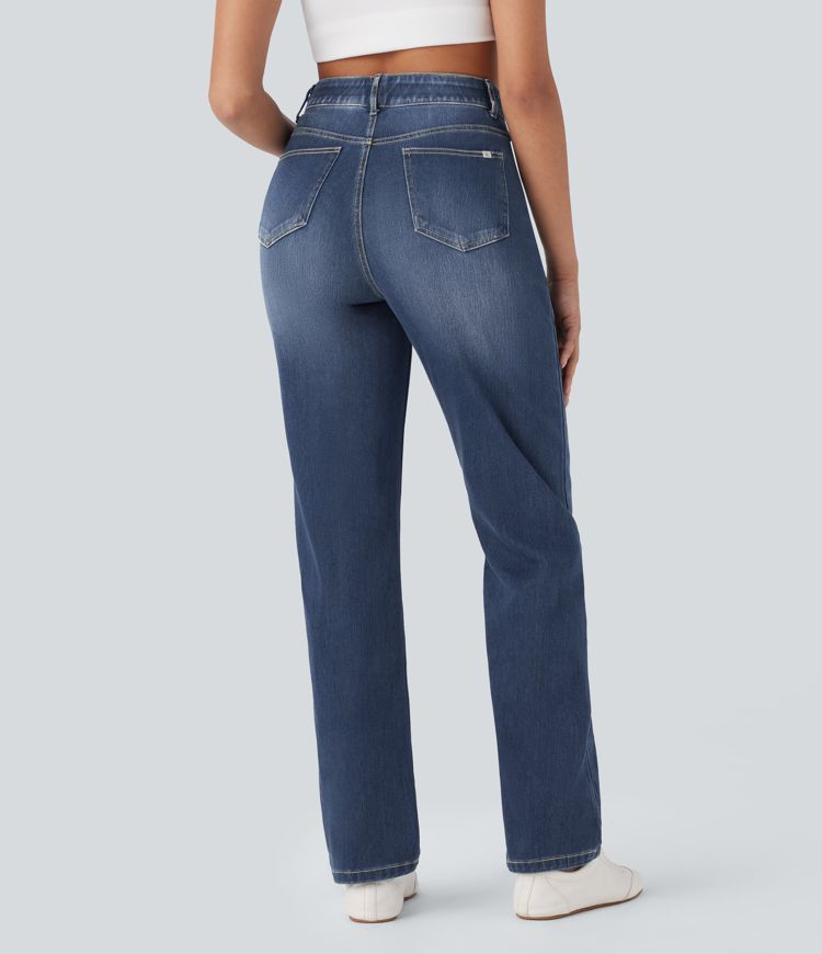 Halara Flex™ High Waisted Tummy Control Multiple Pockets Straight Leg Washed Stretchy Knit Casual Jeans
