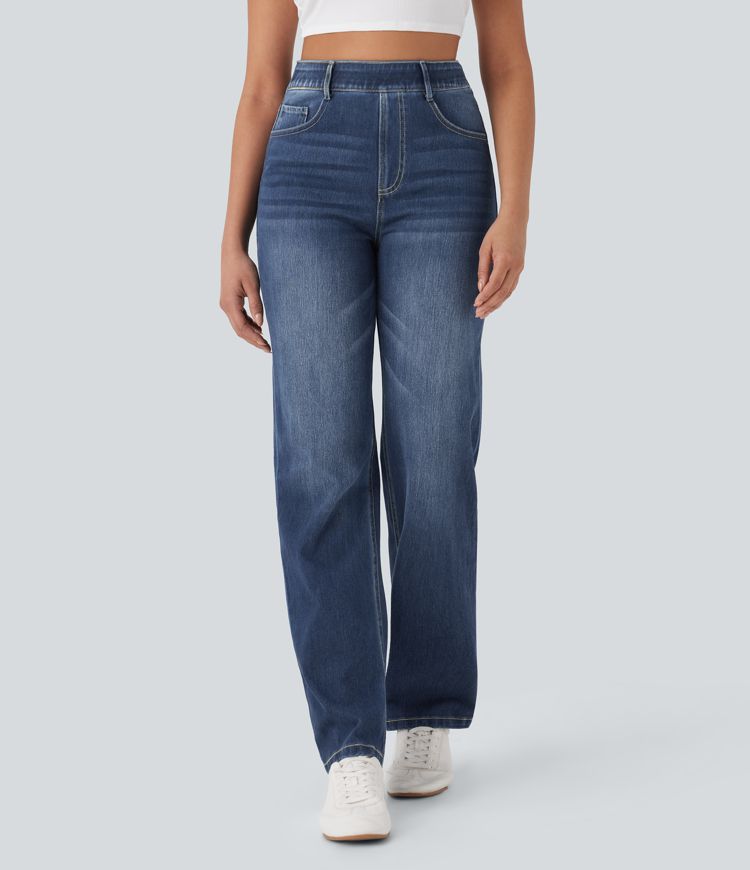 Halara Flex™ Jeans mit hoher Taille, mehreren Taschen, gerades Bein, gewaschener, dehnbarer Strick, lässig