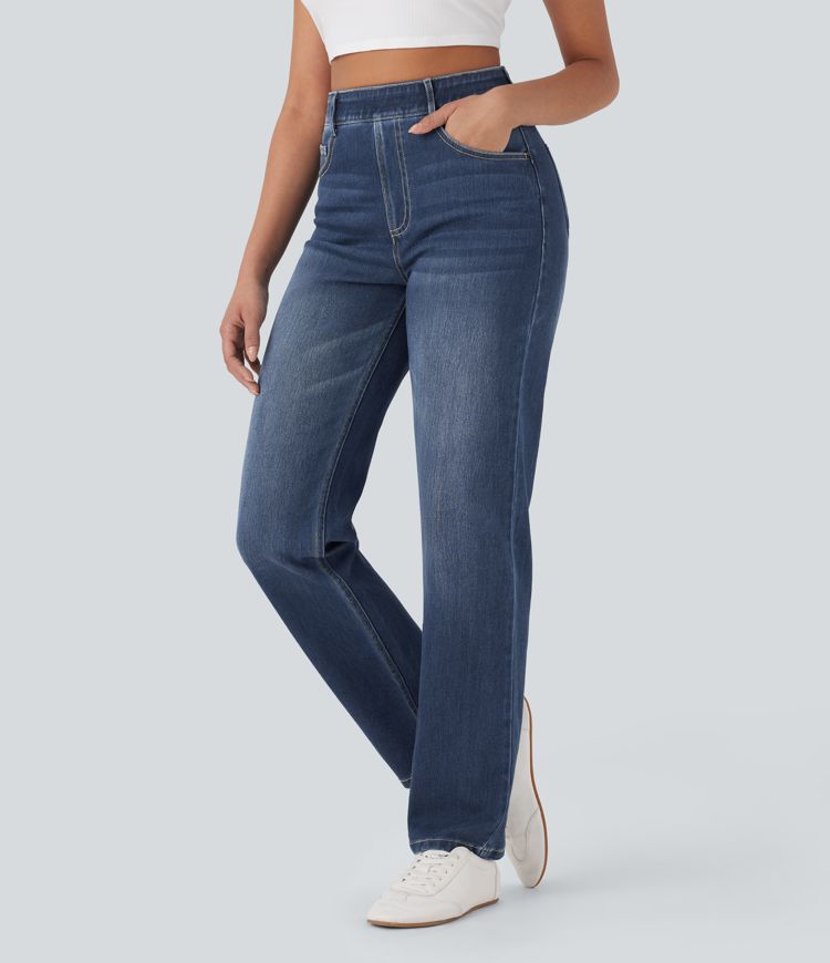 Halara Flex™ High Waisted Tummy Control Multiple Pockets Straight Leg Washed Stretchy Knit Casual Jeans
