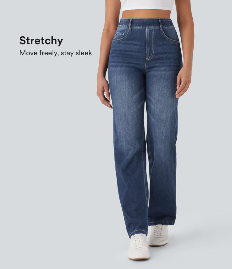 Halara Flex™ High Waisted Pockets Straight Leg Washed Casual Jeans