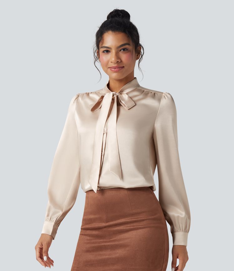 Tie Front Long Sleeve Satin Work Shirt