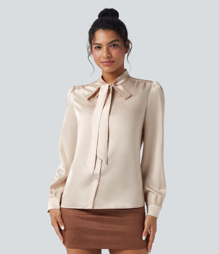 Camisa de oficina de satén de manga larga con lazo delantero