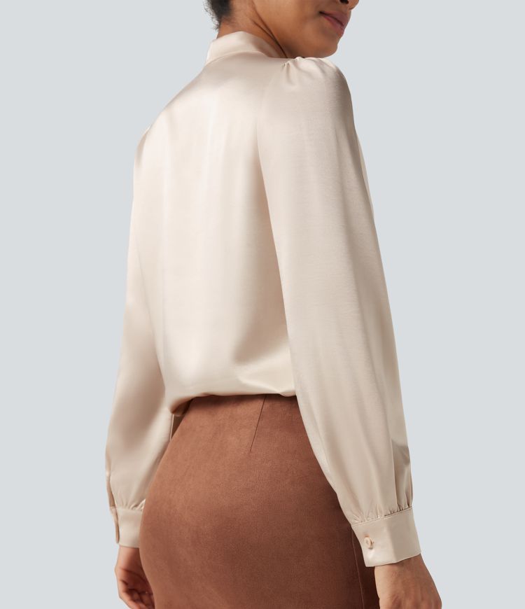 Camisa de oficina de satén de manga larga con lazo delantero