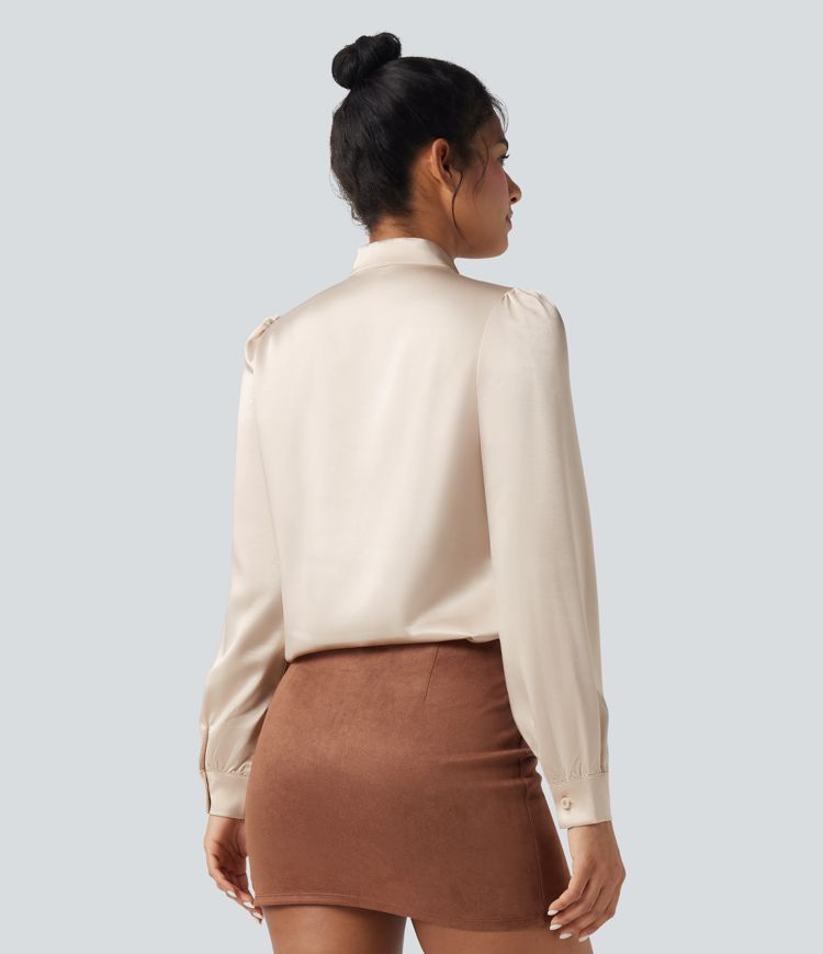 Tie Front Long Sleeve Satin Work Shirt