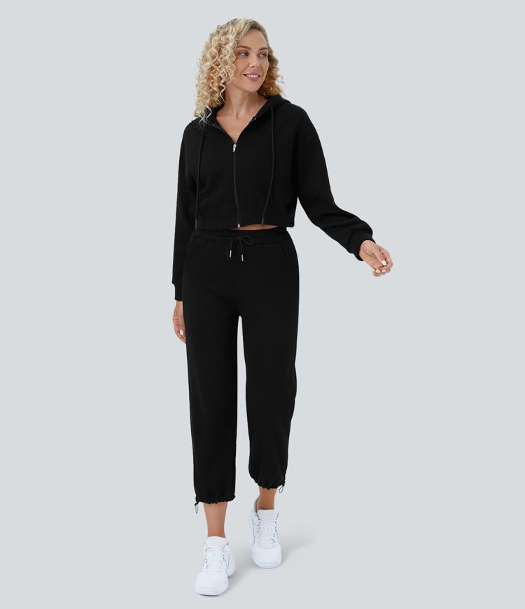 Sudadera deportiva algodón recortada cremallera cordón capucha gofre