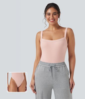 Ribbed Knit Square Neck Sleeveless Skinny Casual Bodysuit