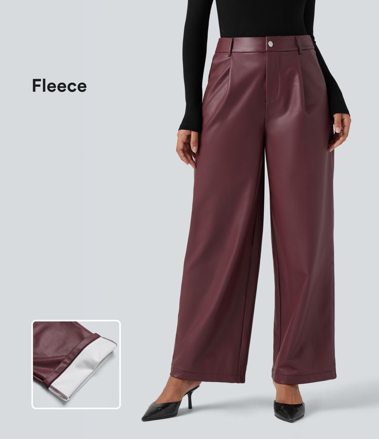 High Waisted Wide Leg Fleece Casual PU Leather Trousers with Pockets