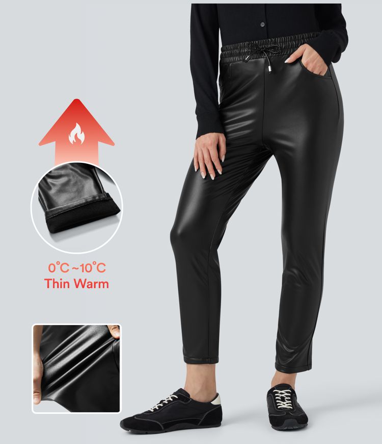 High Waisted Drawstring Stretchy PU Faux Leather Fleece 7/8 Casual Tapered Trousers with Pockets