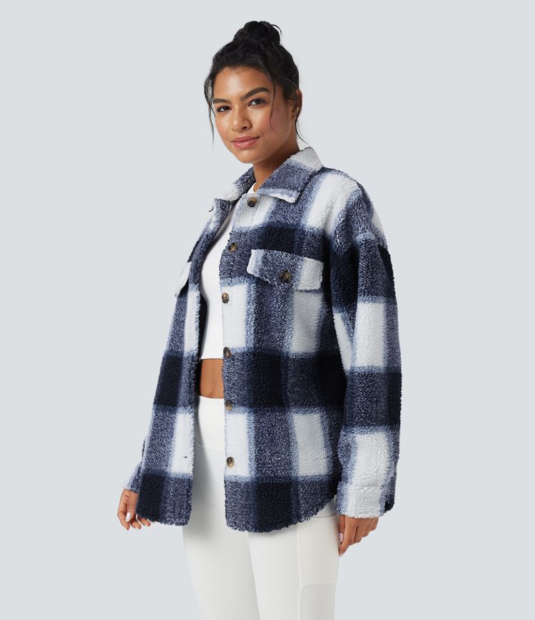 Collar Long Sleeve Curved Hem Casual Shacket Sherpa Jacket with Pockets