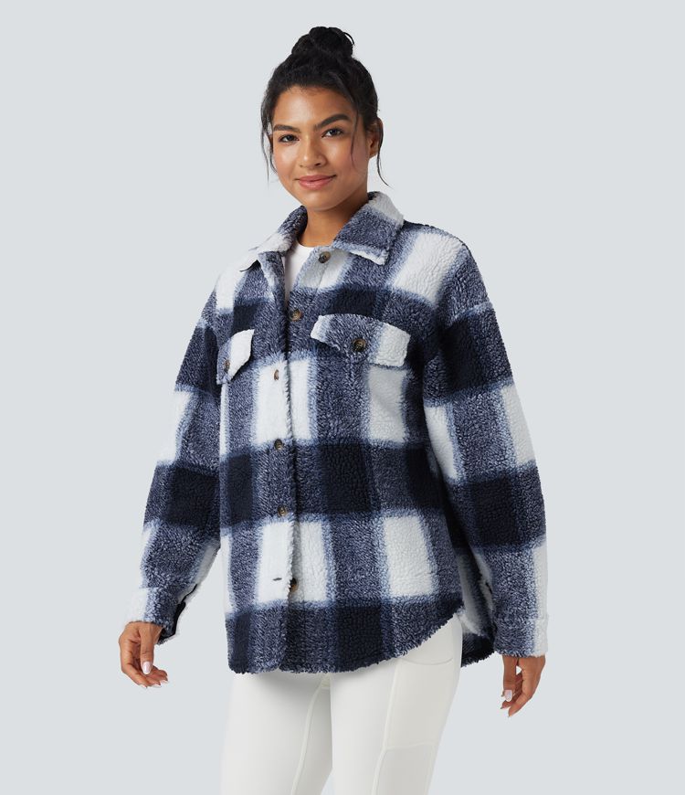 Collar Long Sleeve Curved Hem Casual Shacket Sherpa Jacket with Pockets