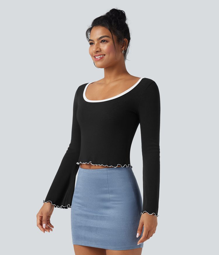 Square Neck Flounce Long Sleeve Casual T-Shirt