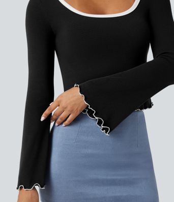 Square Neck Flounce Long Sleeve Casual T-Shirt