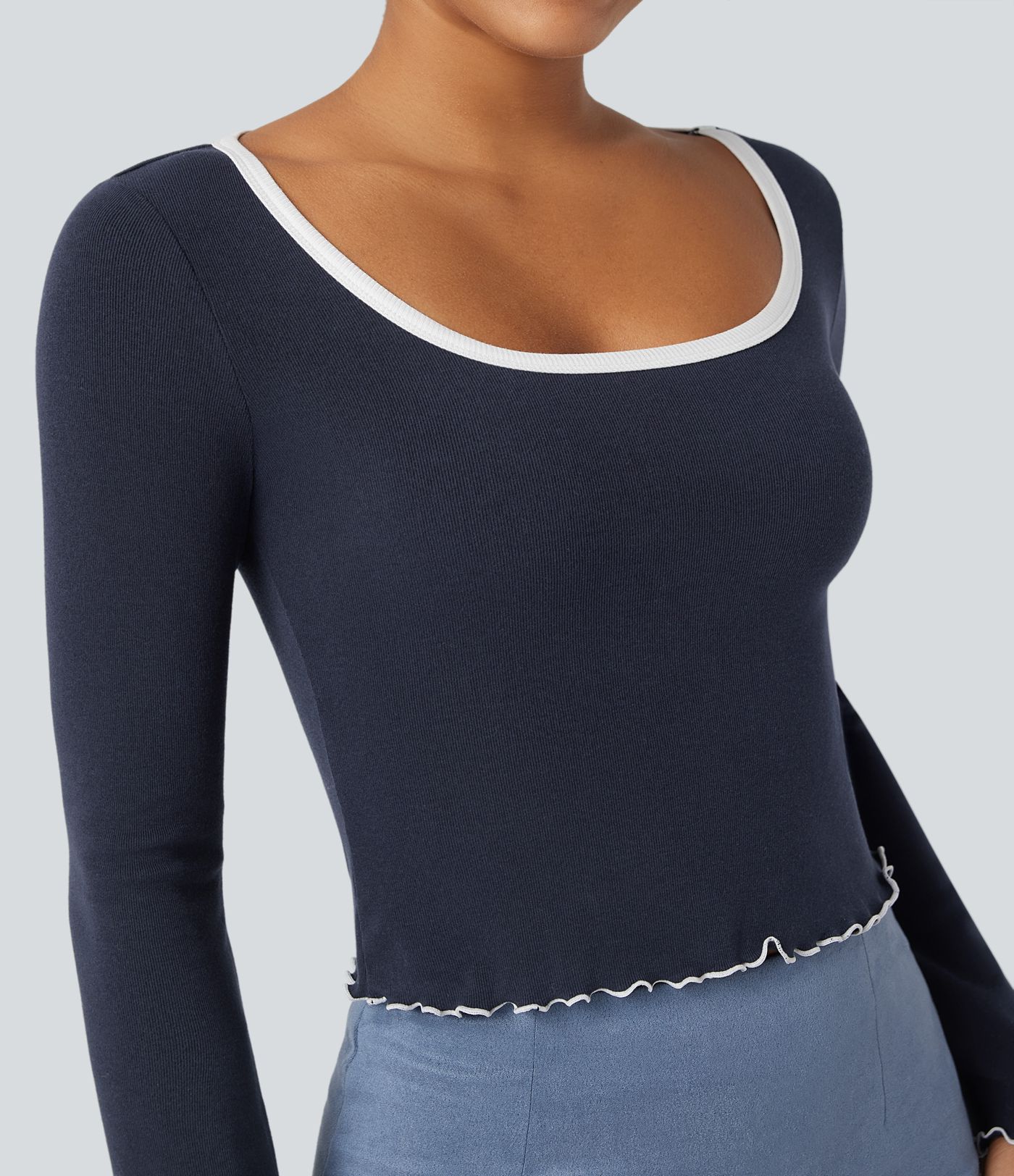 Square Neck Flounce Long Sleeve Casual T-Shirt