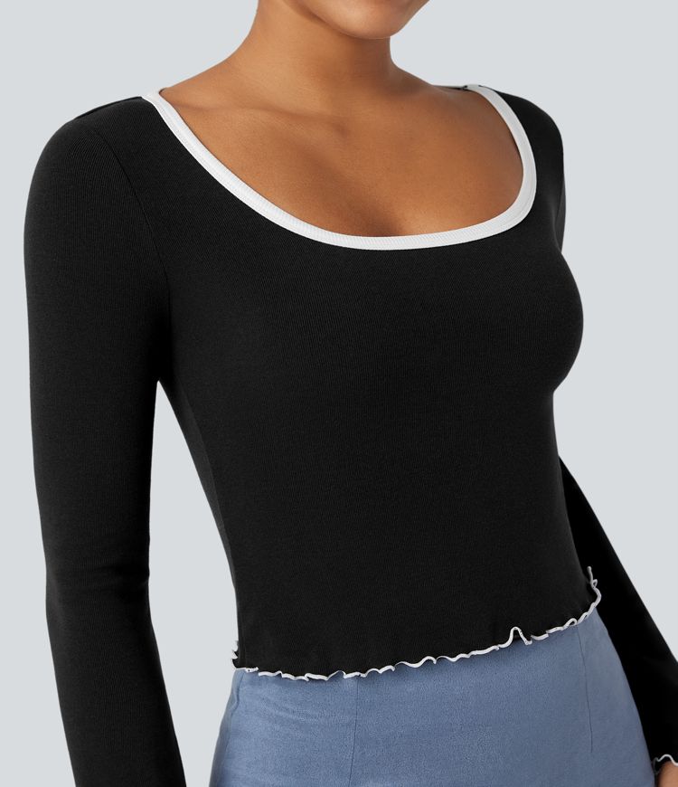 Square Neck Flounce Long Sleeve Casual T-Shirt