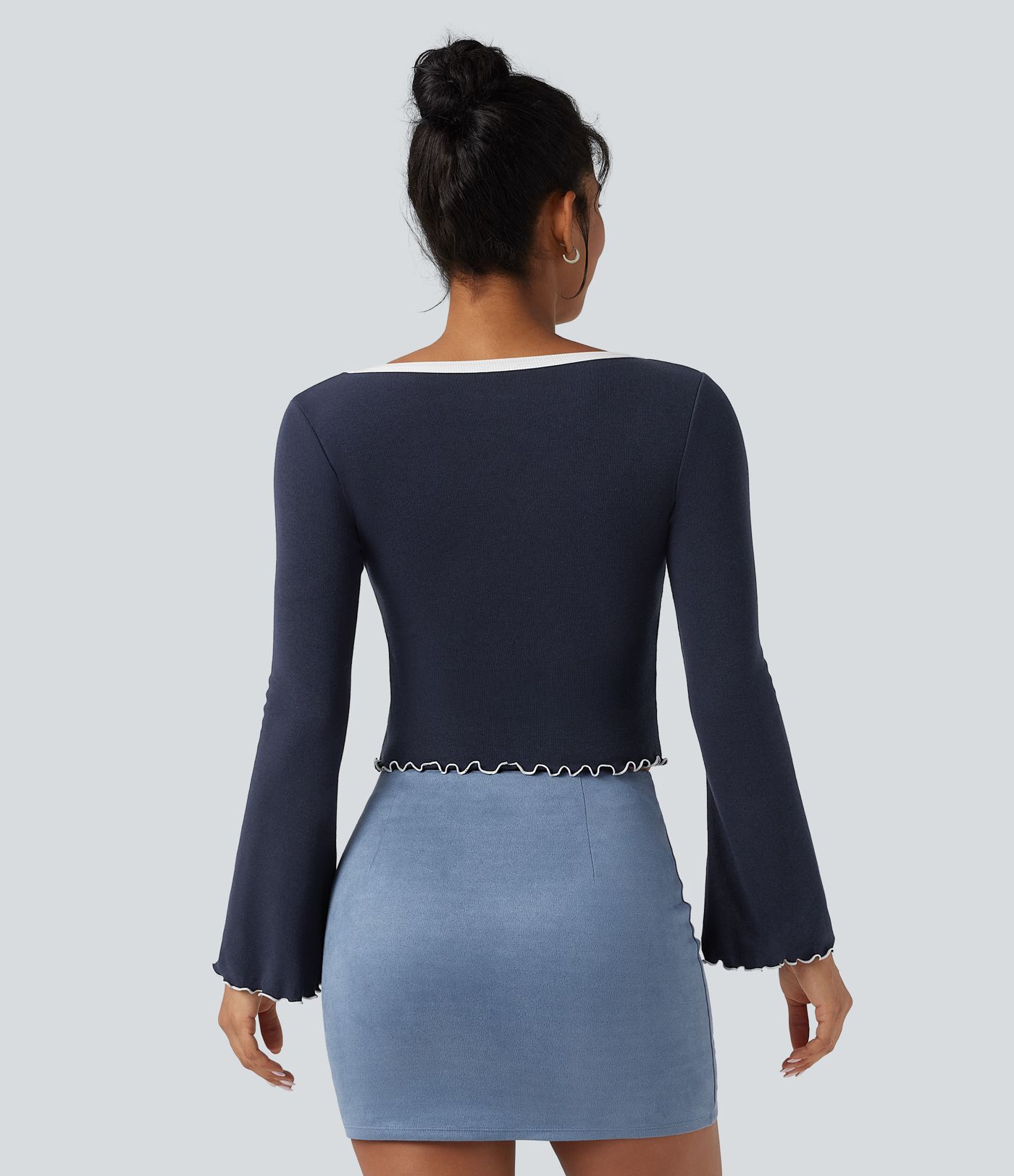 Square Neck Flounce Long Sleeve Casual T-Shirt