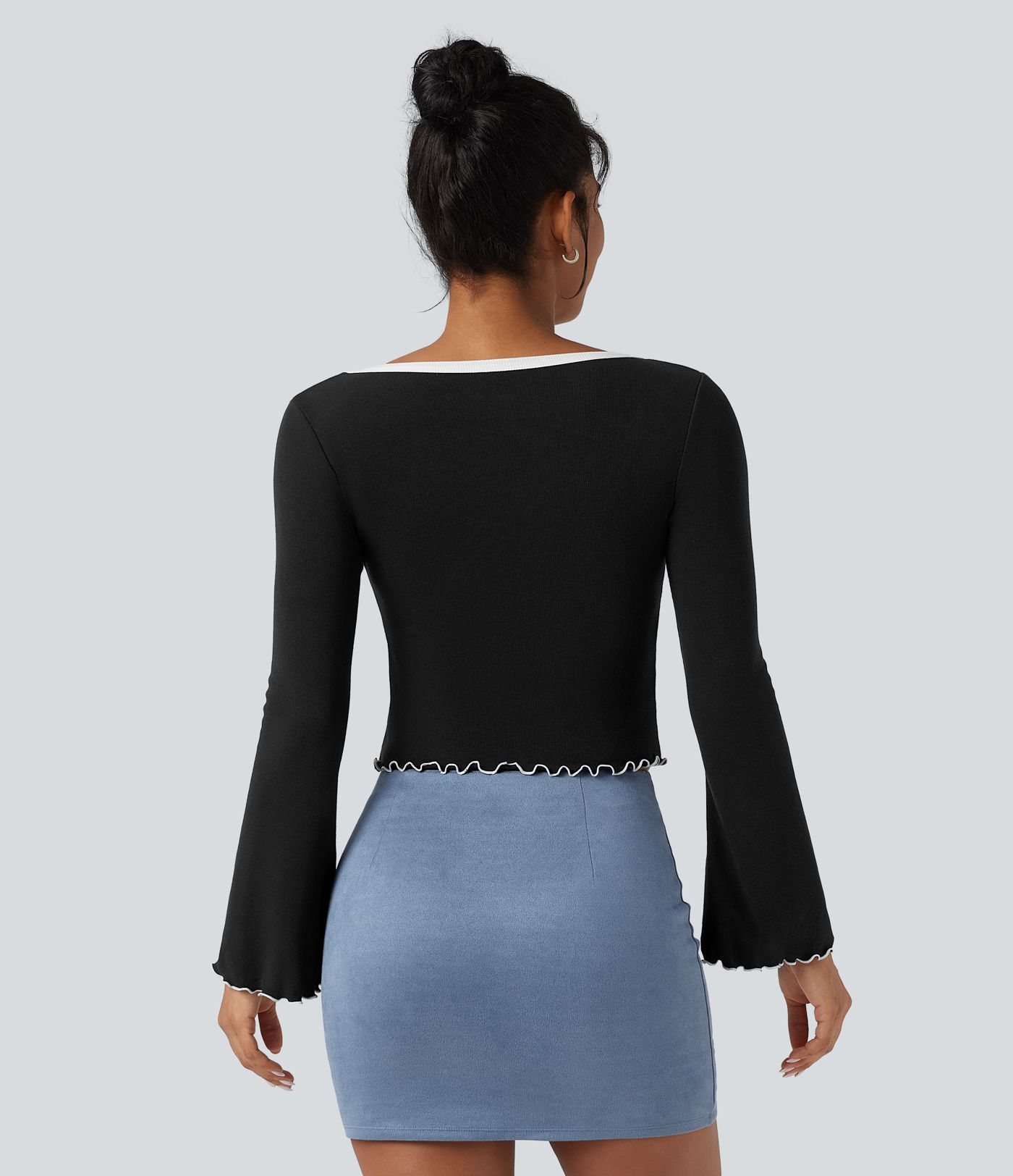 Square Neck Flounce Long Sleeve Casual T-Shirt