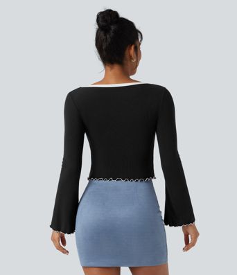 Square Neck Flounce Long Sleeve Casual T-Shirt