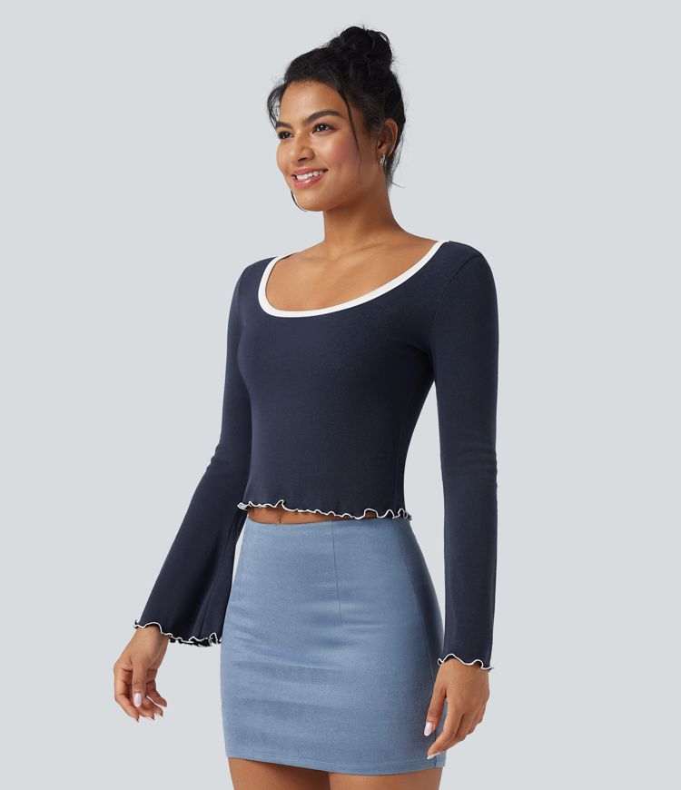 Square Neck Flounce Long Sleeve Casual T-Shirt