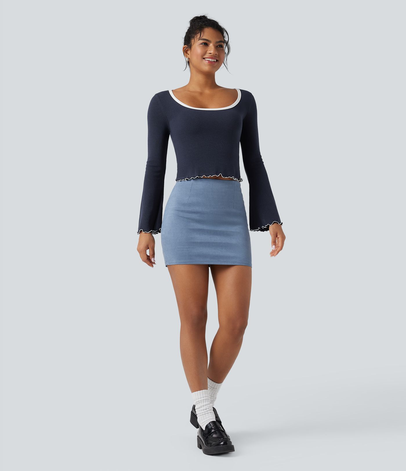 Square Neck Flounce Long Sleeve Casual T-Shirt