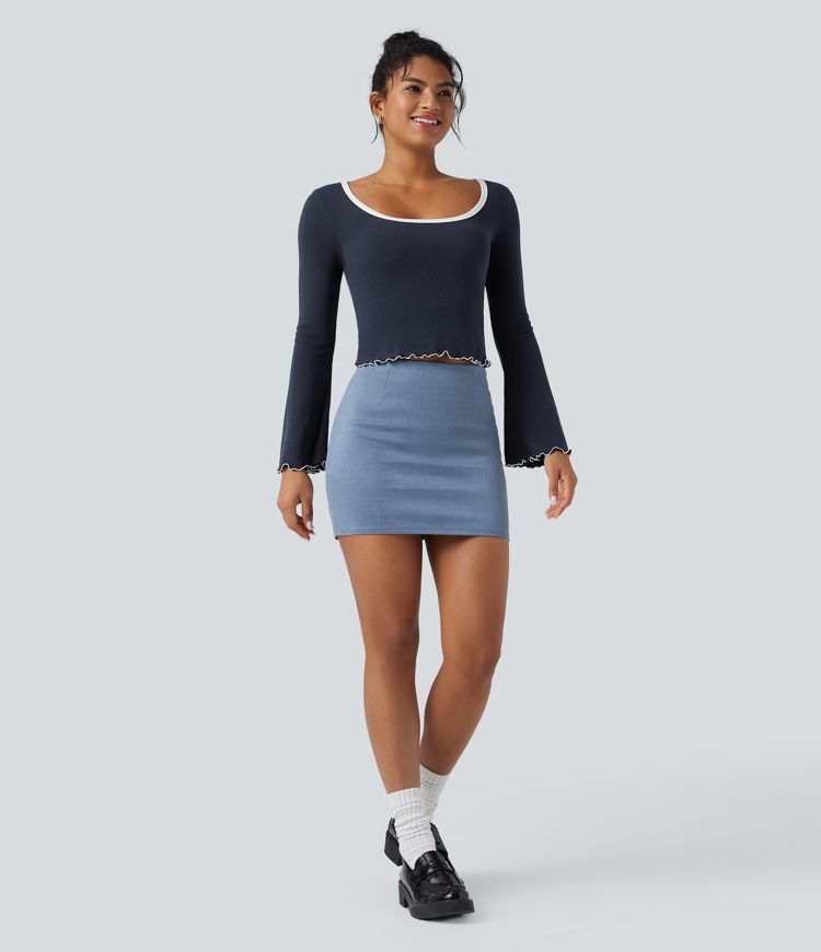 Square Neck Flounce Long Sleeve Casual T-Shirt