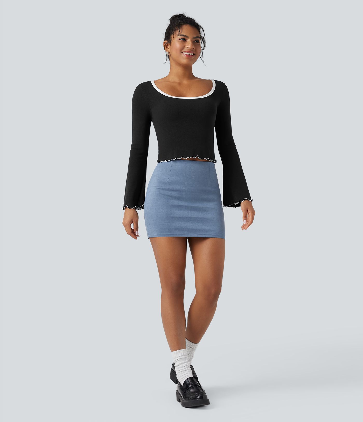 Square Neck Flounce Long Sleeve Casual T-Shirt