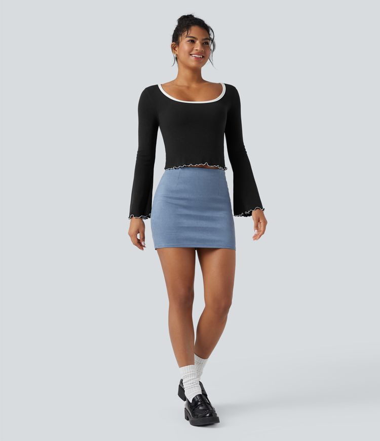 Square Neck Flounce Long Sleeve Casual T-Shirt