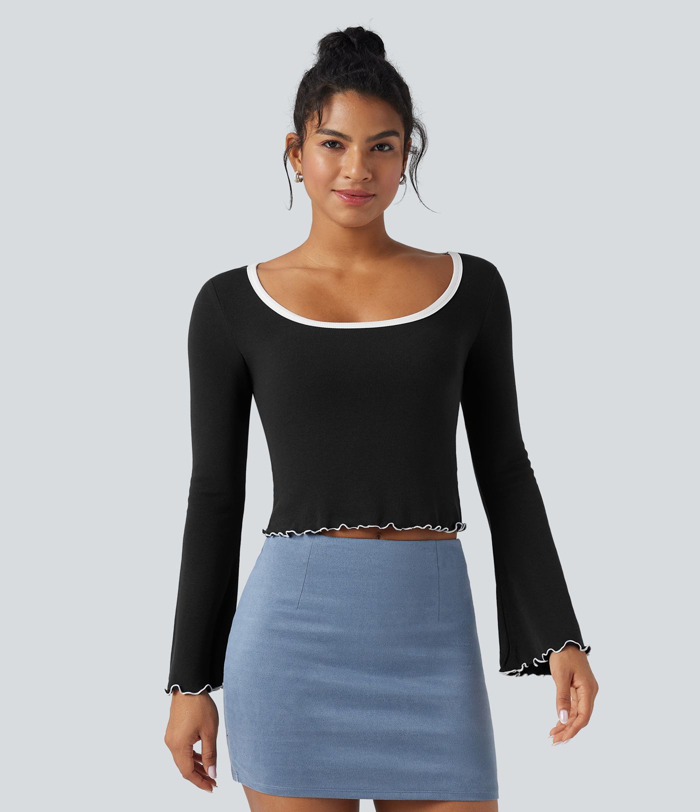 Square Neck Flounce Long Sleeve Casual T-Shirt