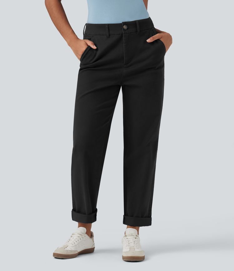 Mid Rise Tapered Casual Chino Cotton Pants with Pockets