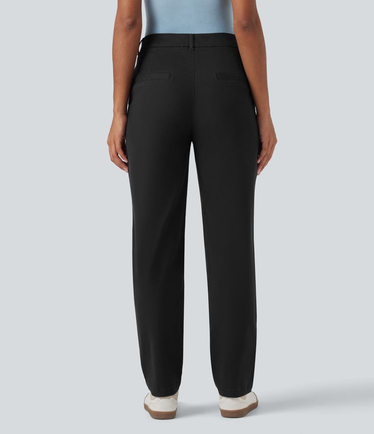 Mid Rise Tapered Casual Chino Cotton Pants with Pockets