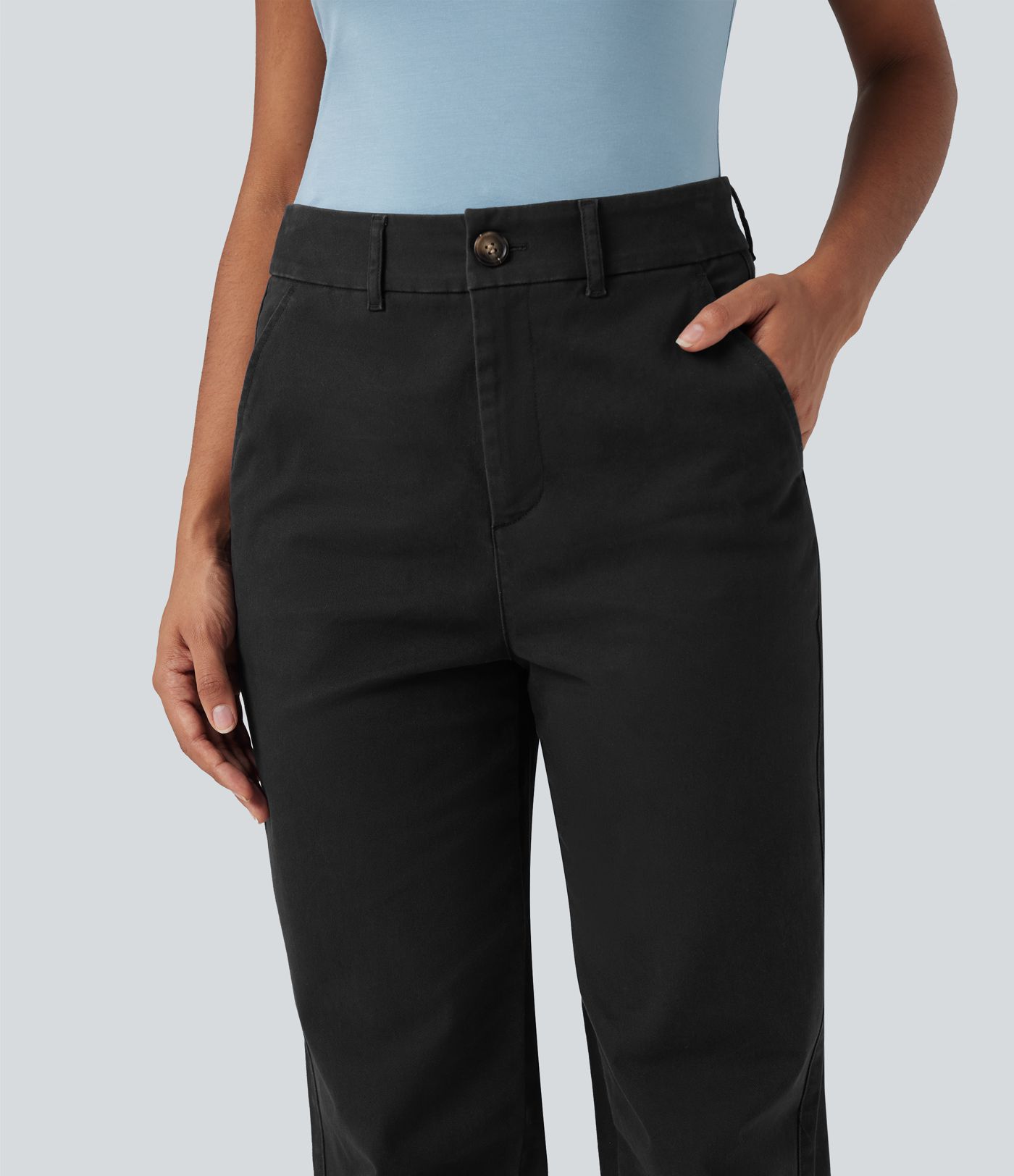 Mid Rise Tapered Casual Chino Cotton Pants with Pockets