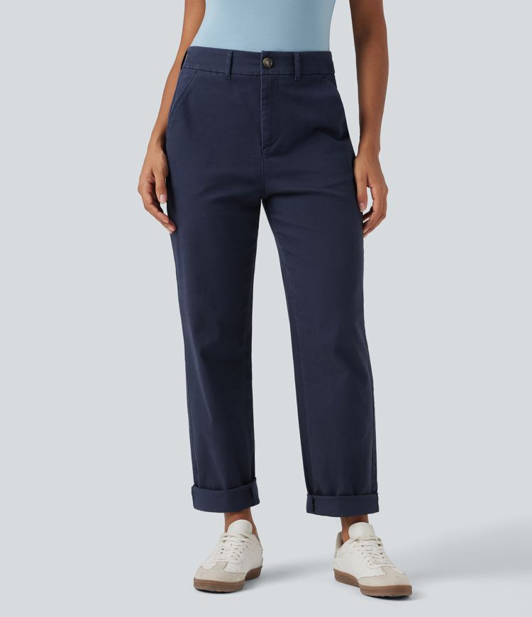 Mid Rise Tapered Casual Chino Cotton Pants with Pockets