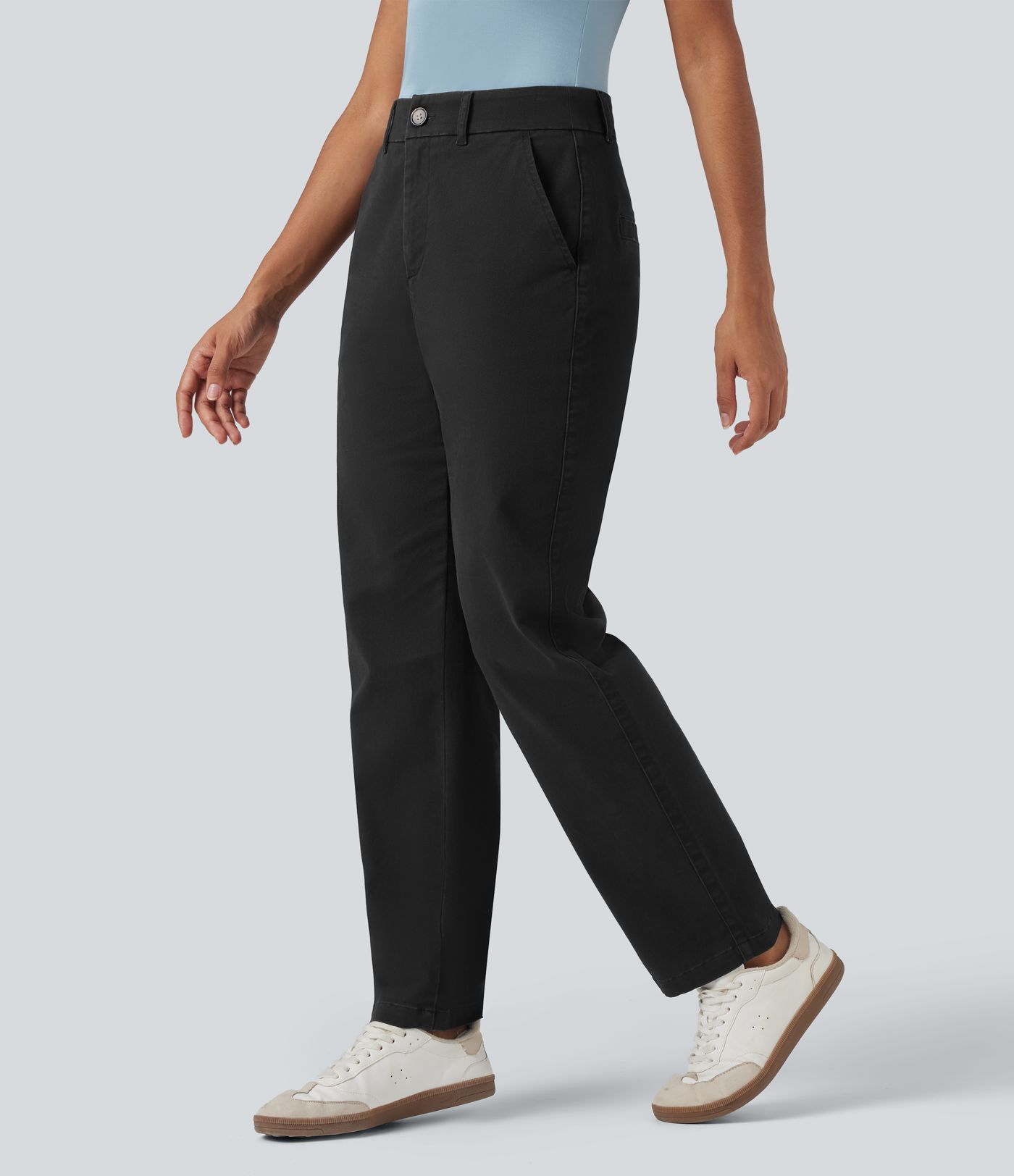 Mid Rise Tapered Casual Chino Cotton Pants with Pockets