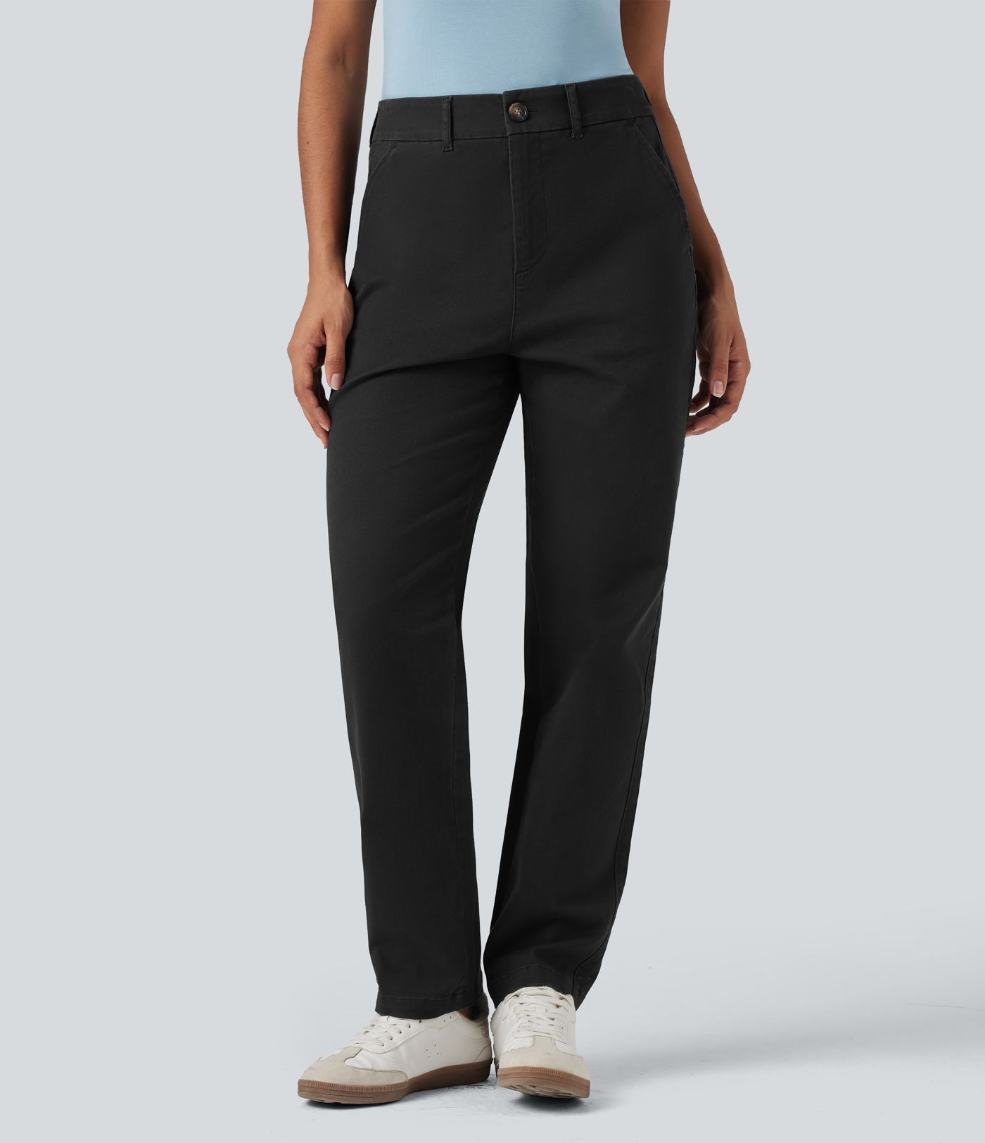 Mid Rise Tapered Casual Chino Cotton Pants with Pockets