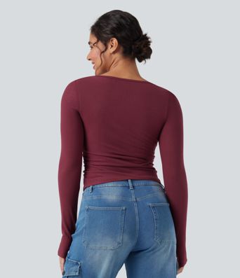 Halara HeatCore U-Neck Long Sleeve Thumb Holes Ruched Slim Casual Warming Top