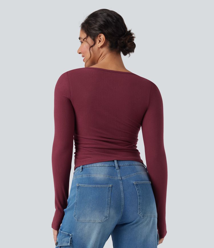 Halara HeatCore U-Neck Long Sleeve Thumb Holes Ruched Slim Casual Warming Top