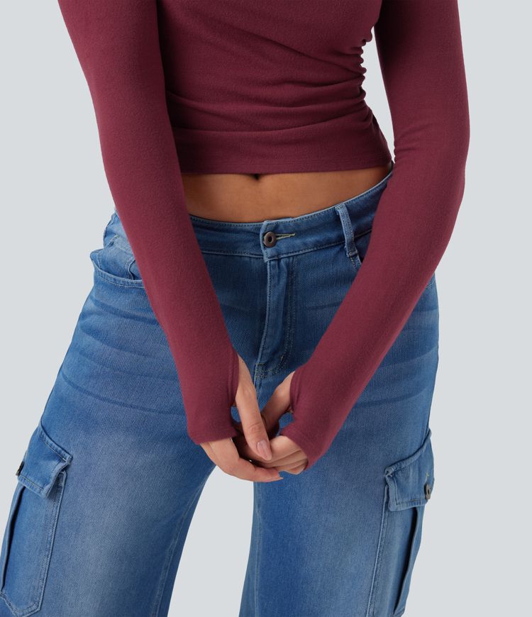 Halara HeatCore U-Neck Long Sleeve Thumb Holes Ruched Slim Casual Warming Top