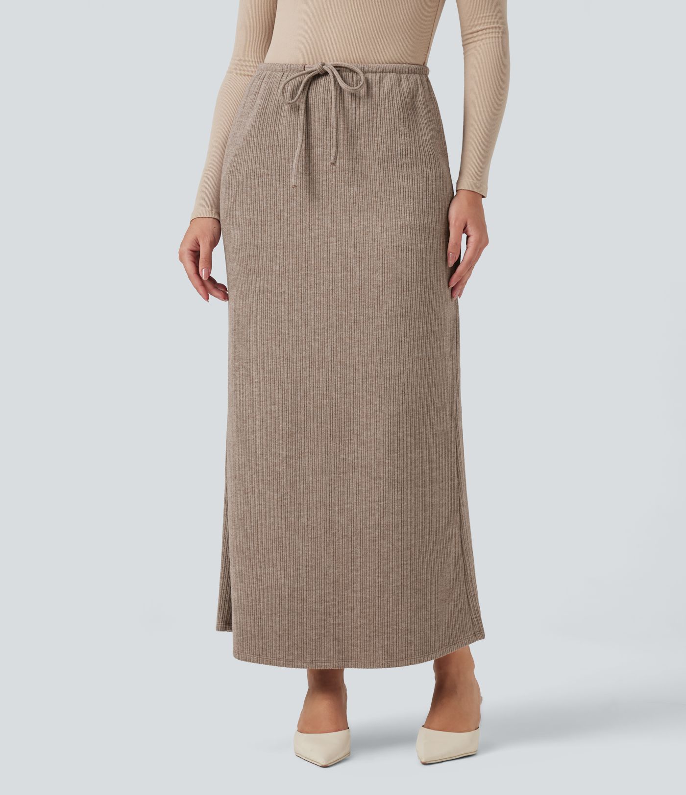 Ribbed Mid Rise Drawstring Maxi Casual Skirt with Pockets