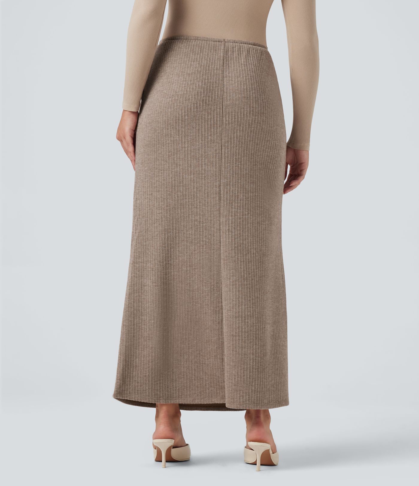 Ribbed Mid Rise Drawstring Maxi Casual Skirt with Pockets
