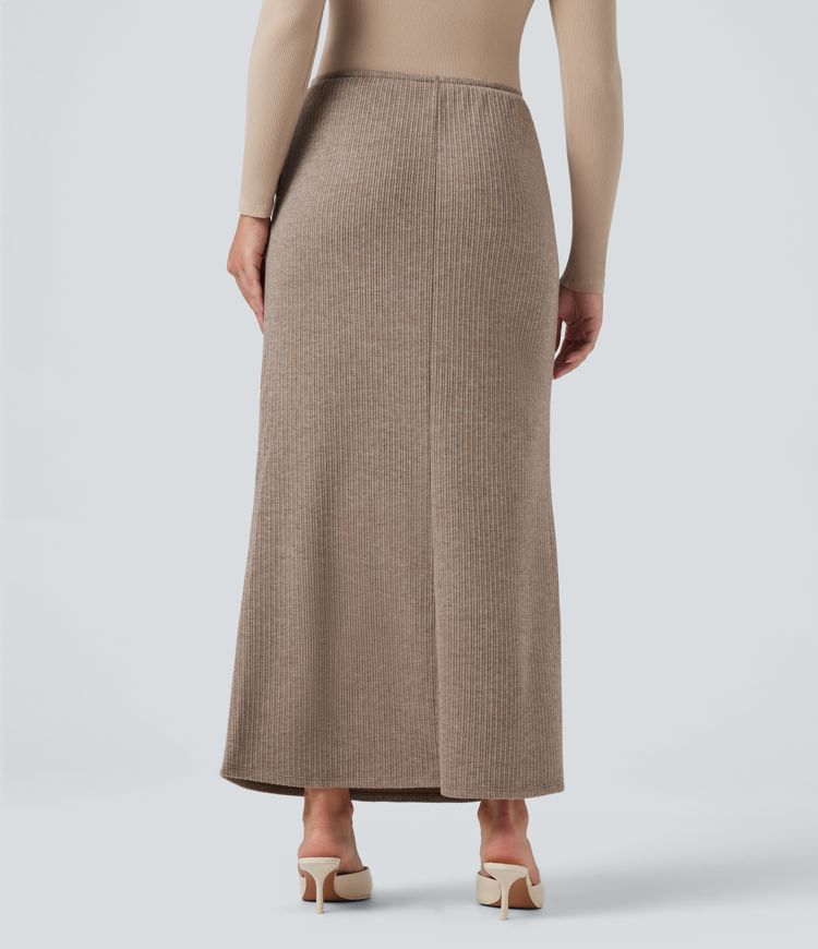 Ribbed Mid Rise Drawstring Maxi Casual Skirt with Pockets