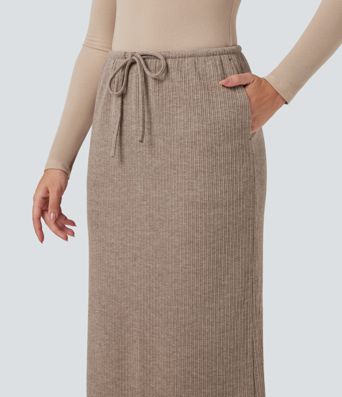 Ribbed Mid Rise Drawstring Maxi Casual Skirt with Pockets