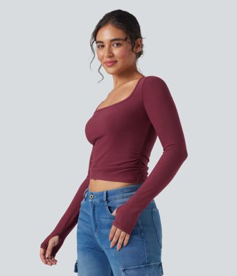 Halara HeatCore U-Neck Long Sleeve Thumb Holes Ruched Slim Casual Warming Top