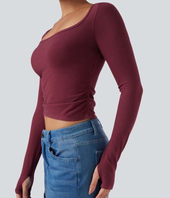 Halara HeatCore U-Neck Long Sleeve Thumb Holes Ruched Slim Casual Warming Top