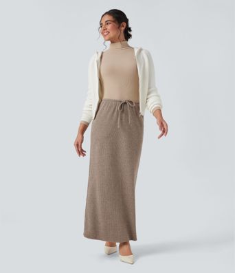 Ribbed Mid Rise Drawstring Maxi Casual Skirt with Pockets