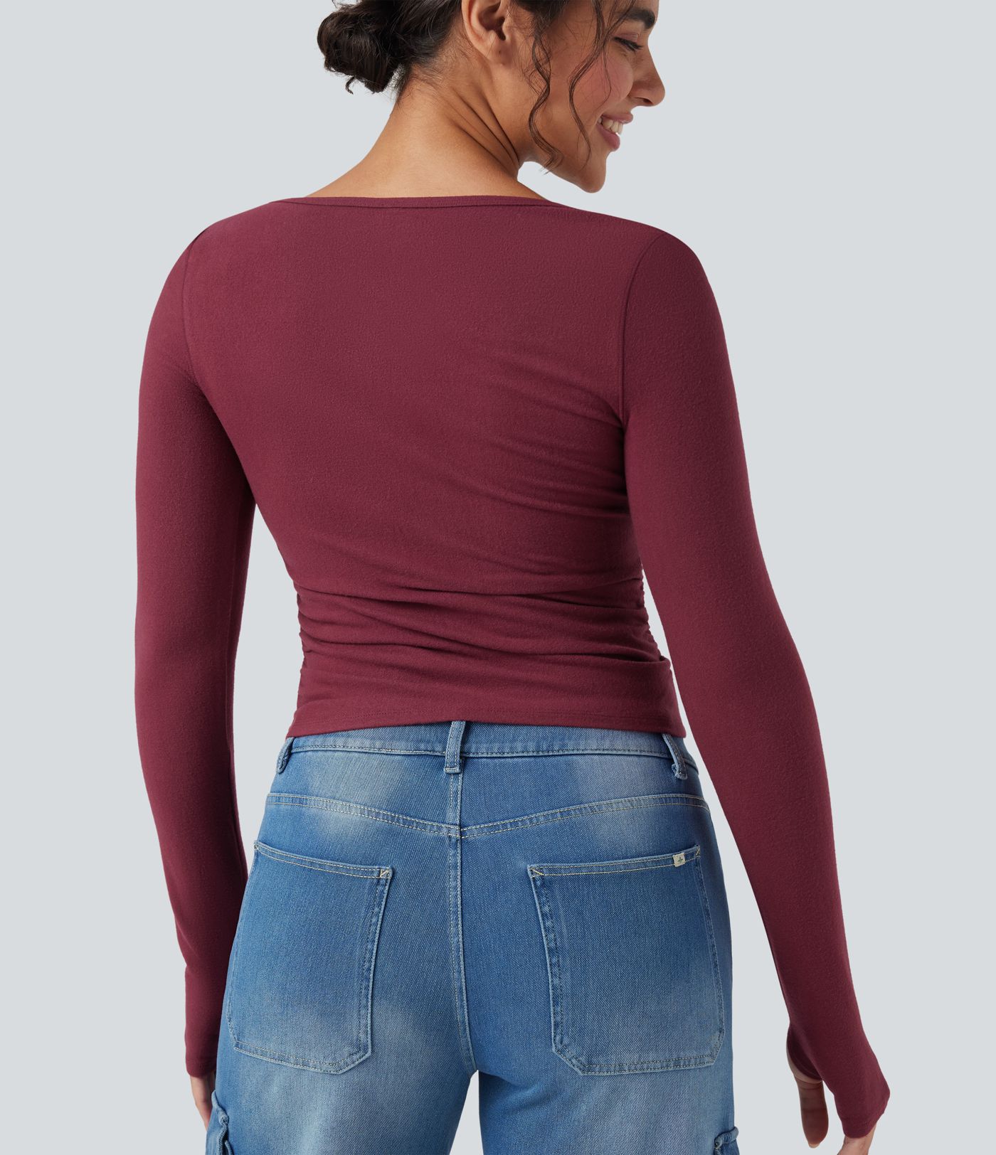 Halara HeatCore U-Neck Long Sleeve Thumb Holes Ruched Slim Casual Warming Top