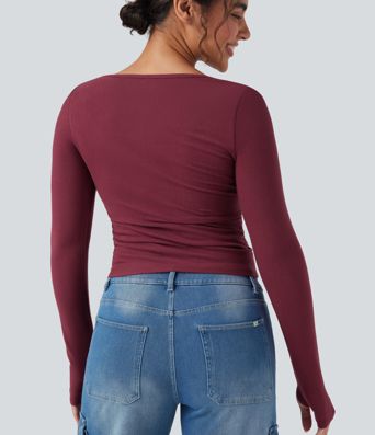 Halara HeatCore U-Neck Long Sleeve Thumb Holes Ruched Slim Casual Warming Top