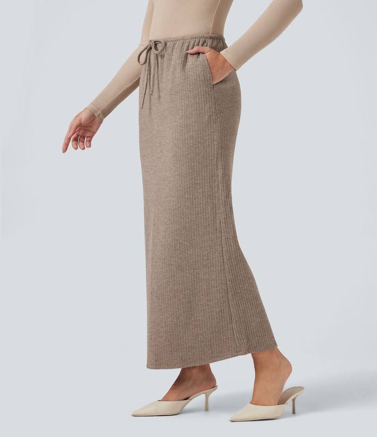 Ribbed Mid Rise Drawstring Maxi Casual Skirt with Pockets