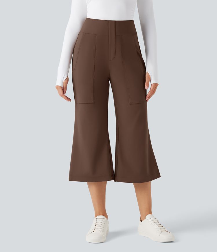 High Waisted Flare Cropped Casual Pants with Pockets
