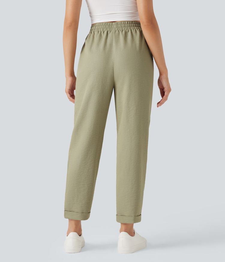 Wrinkle-Resistant High Waisted Drawstring Tapered Casual Linen-Feel Pants with Pockets