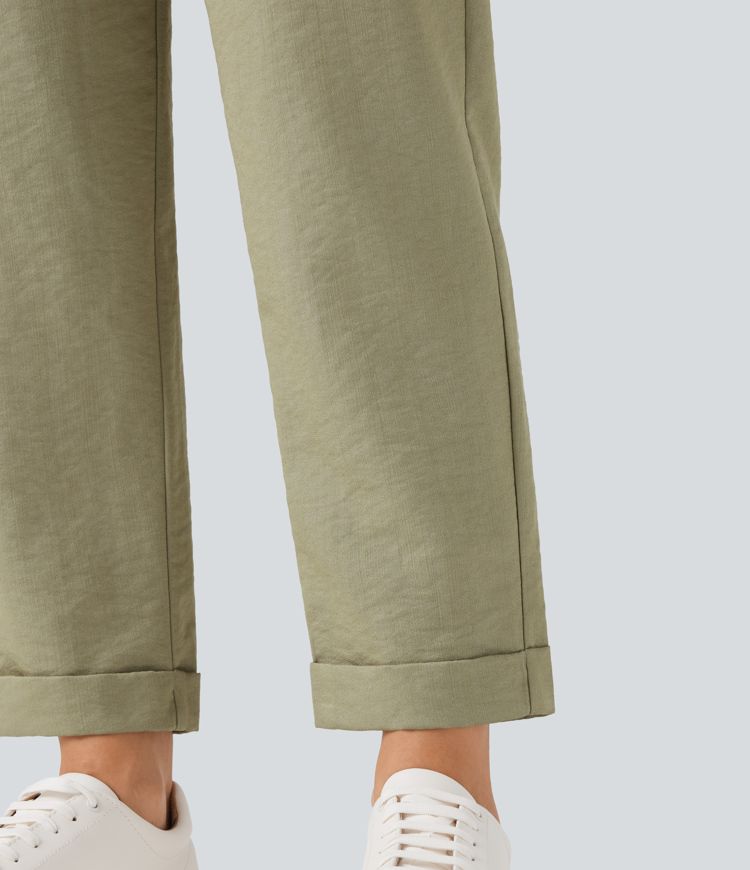 Wrinkle-Resistant High Waisted Drawstring Tapered Casual Linen-Feel Pants with Pockets