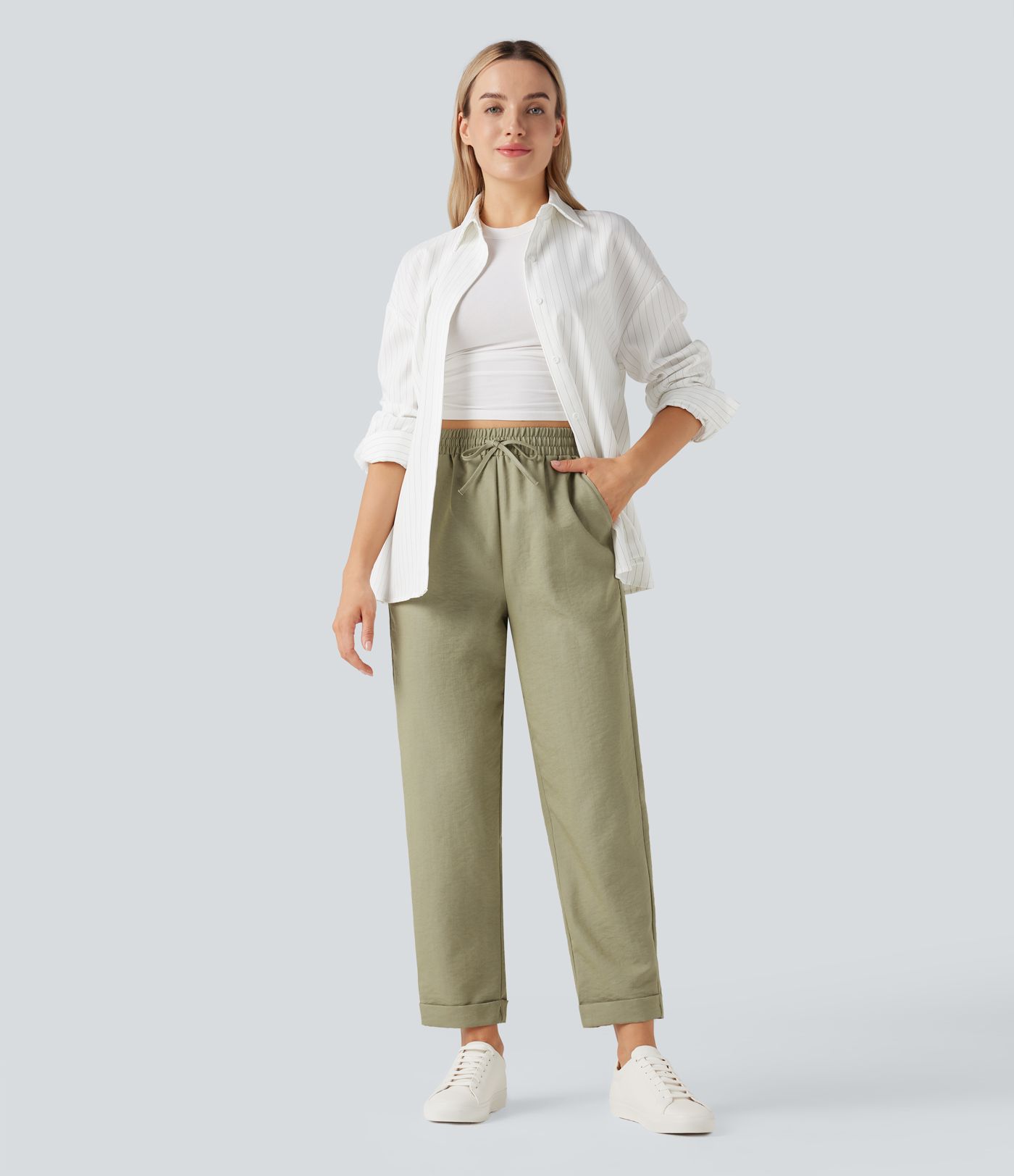 Pantalones casuales de talle alto resistentes a las arrugas con cordón, corte cónico, efecto lino y bolsillos